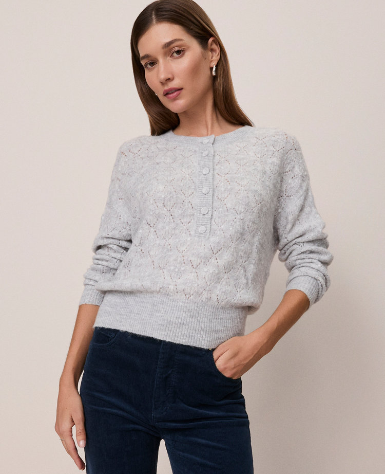 Ann Taylor Weekend Collection Pointelle Henley Sweater In Gray