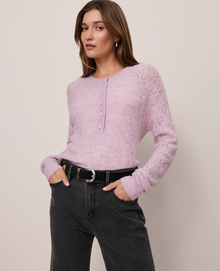 Ann Taylor Weekend Collection Pointelle Henley Sweater In Purple