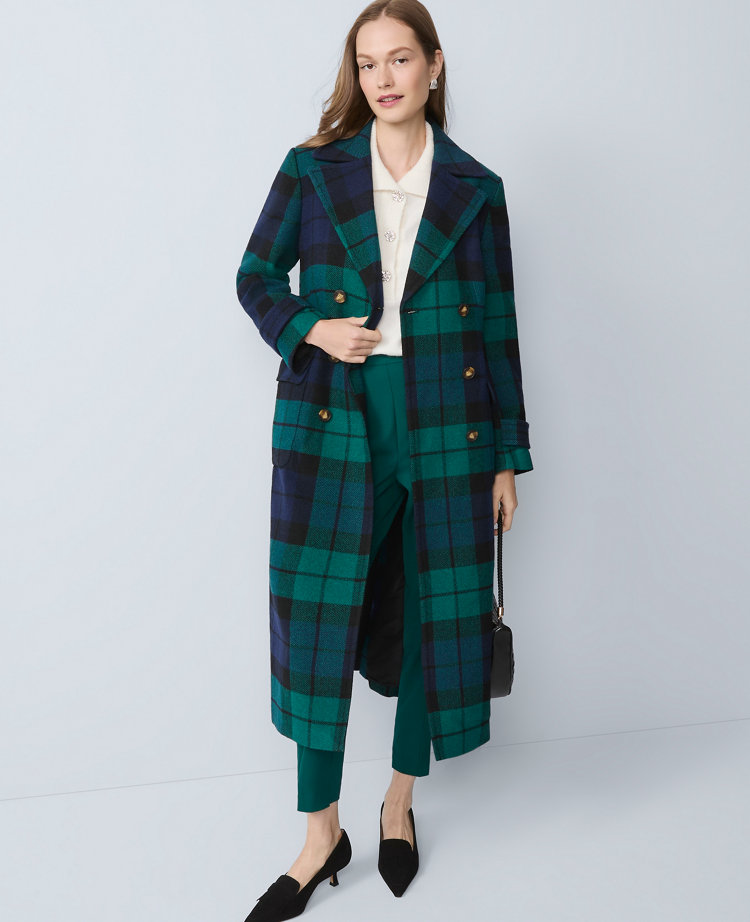 Ann Taylor Plaid Fitted Double Breasted Coat In Green