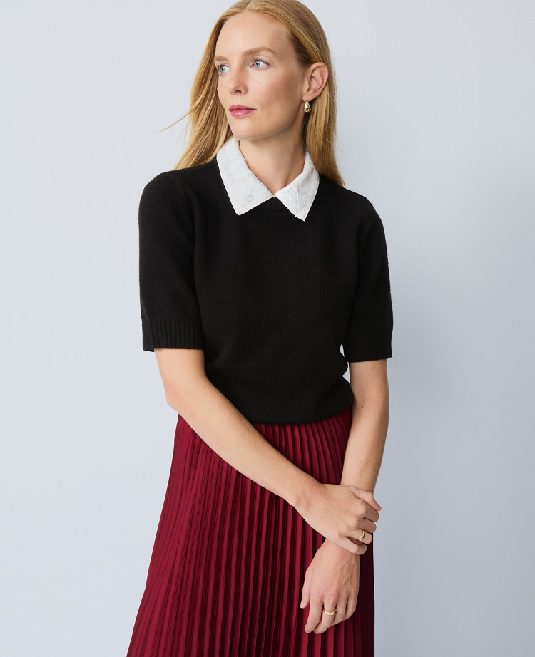 Ann Taylor Lace Collar Sweater Tee In Black