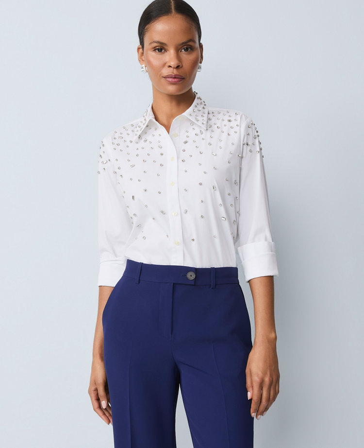 Ann Taylor Embellished Relaxed Perfect Shirt In White
