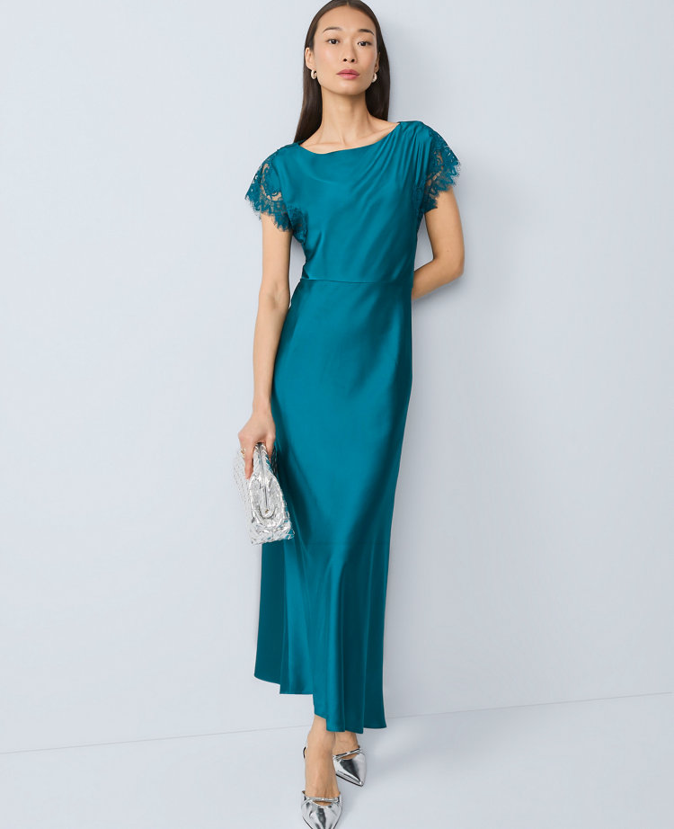 Lace Trim Satin Midi Dress