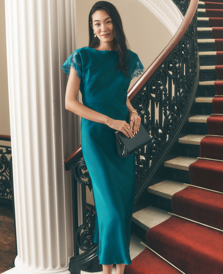 Lace Trim Satin Midi Dress