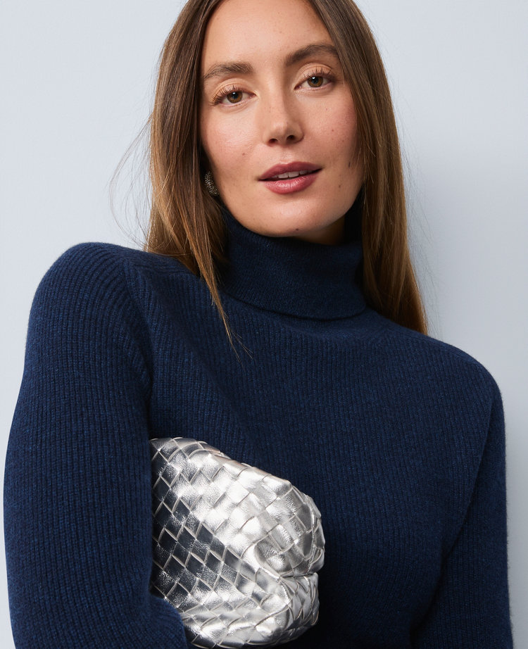 Ann Taylor Cashmere Ribbed Turtleneck Sweater In Blue