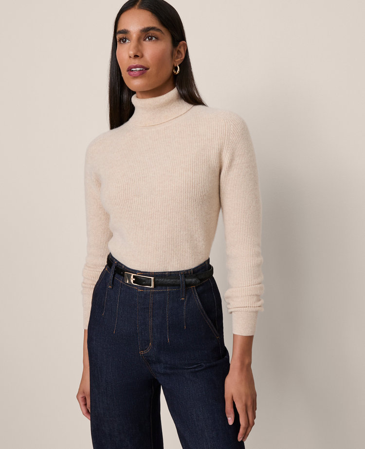 Ann Taylor Cashmere Ribbed Turtleneck Sweater In Neutral
