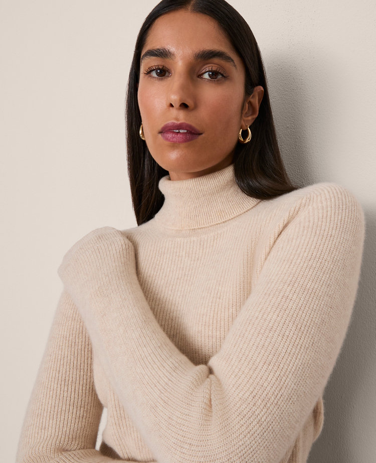 Ann Taylor Cashmere Ribbed Turtleneck Sweater In Neutral