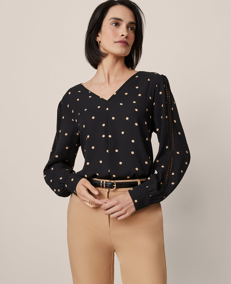 Ann Taylor Dotted Lace Trim Top In Brown