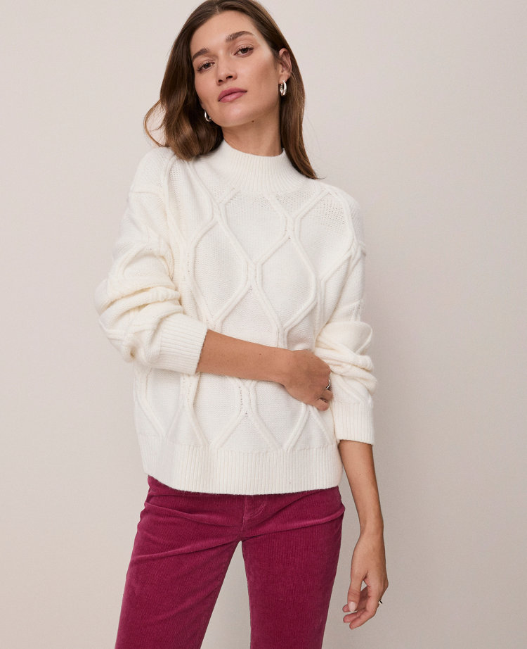 Ann Taylor Petite Weekend Collection Cable Sweater In White