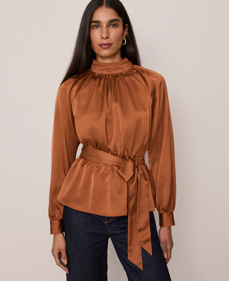 Petite Satin Tie Waist Blouse