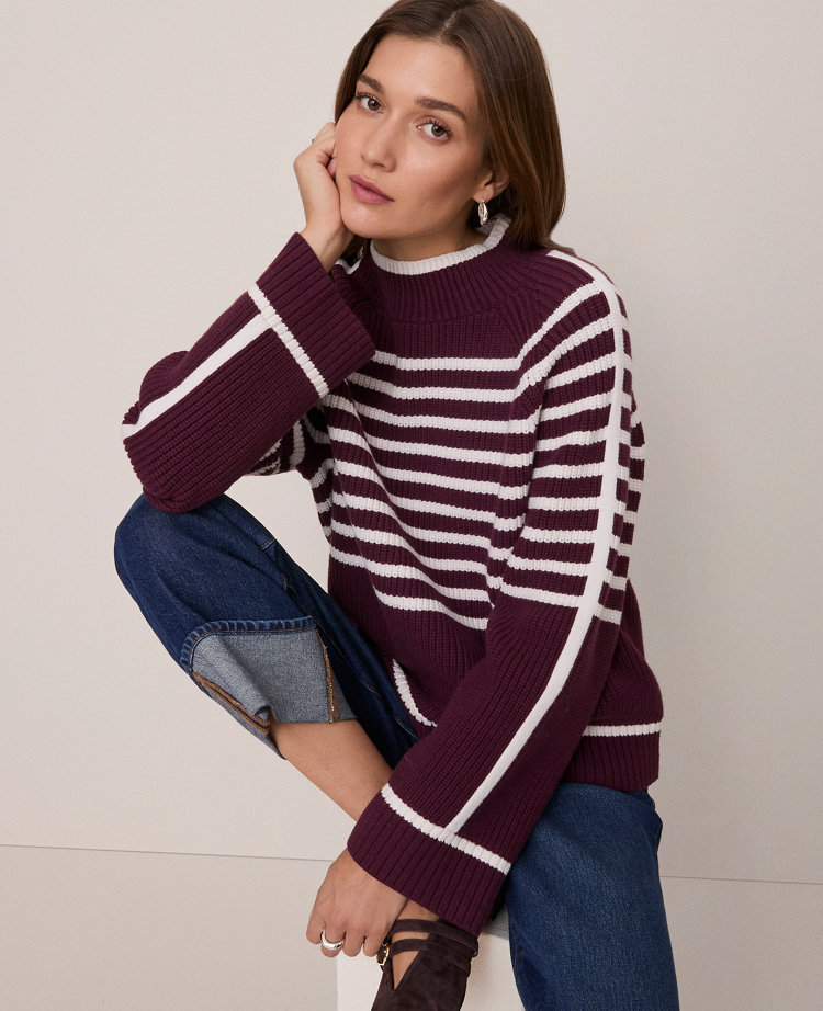 Ann Taylor Petite Weekend Collection Striped Mock Neck Sweater In Purple