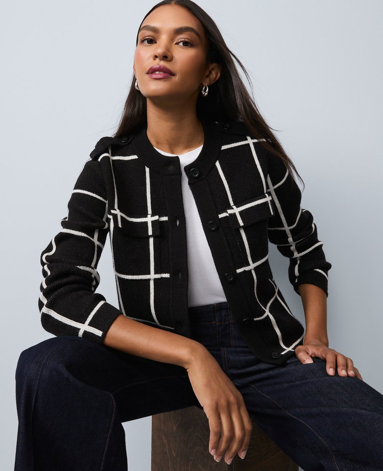 Petite Windowpane Utility Sweater Jacket