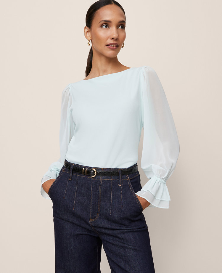 Petite Mixed Media Pleated Sleeve Top