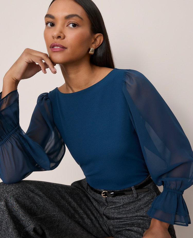 Mixed Media Pleated Sleeve Top