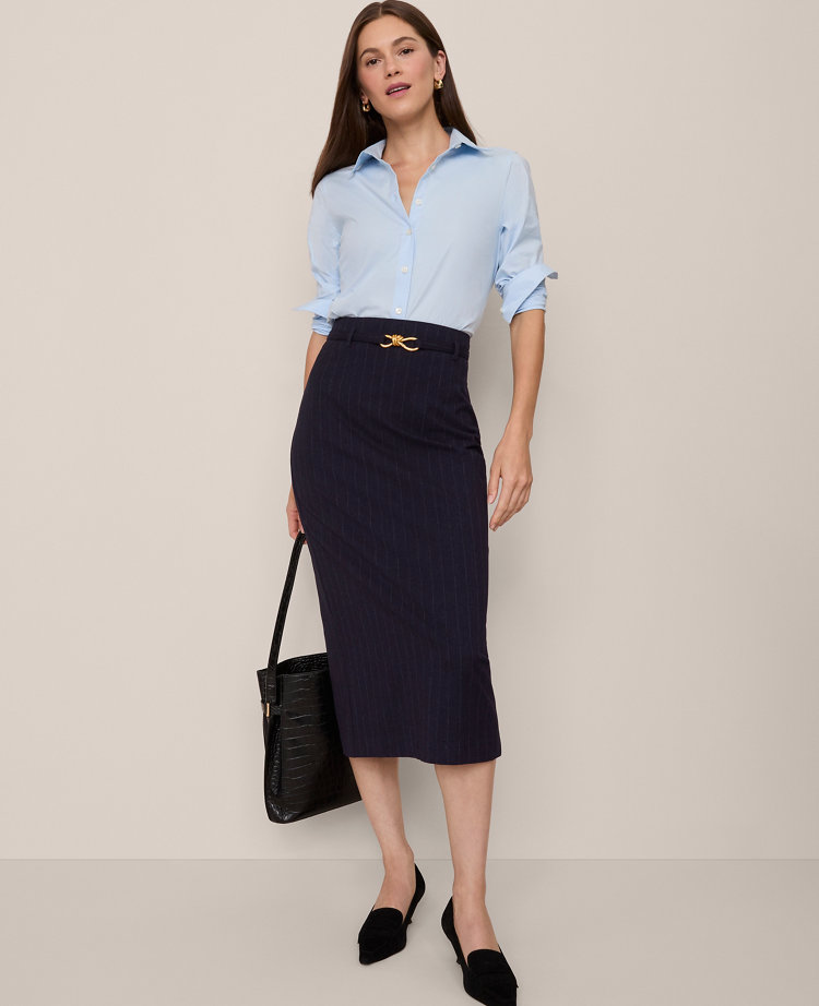 Ann Taylor Belted Pinstriped Pencil Skirt In Blue