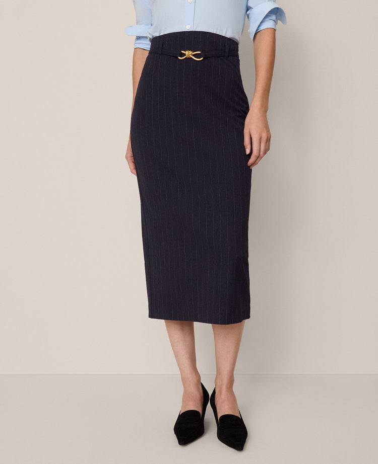 Belted Pinstriped Pencil Skirt