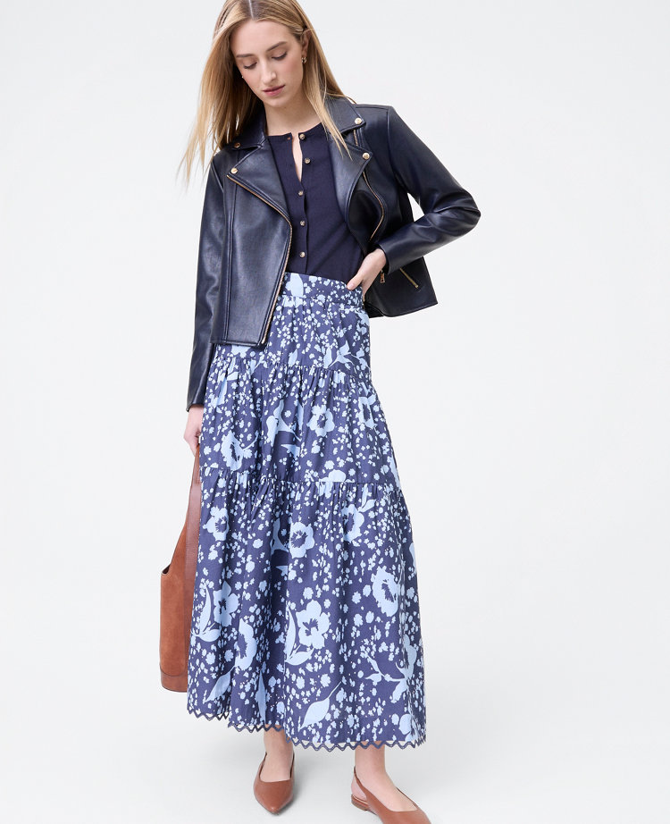Ann Taylor Weekend Collection Floral Tiered Skirt Subdued Navy Women's