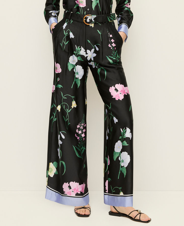 The Floral Pleated Wide Leg Pant in Satin