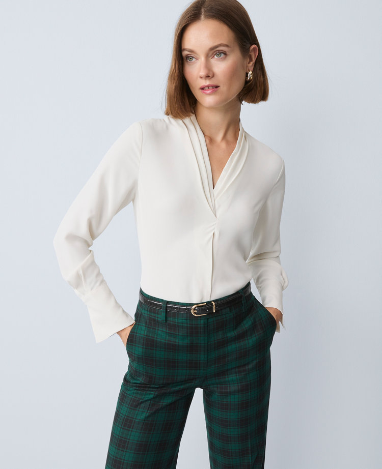 Ann Taylor Pleat Neck Blouse In White