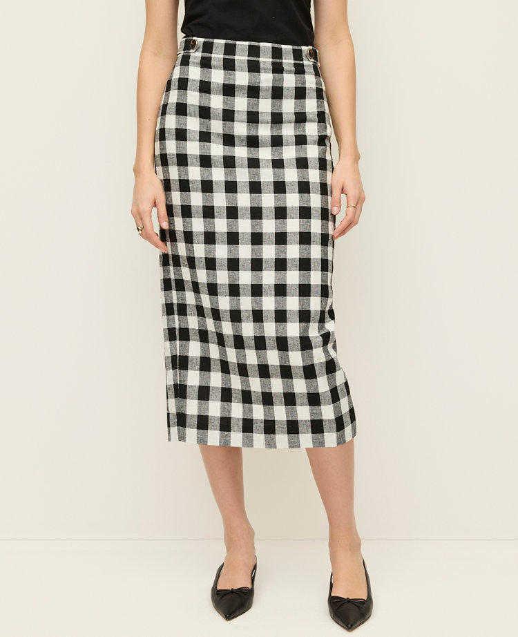 The Button Midi Skirt in Gingham Linen Blend