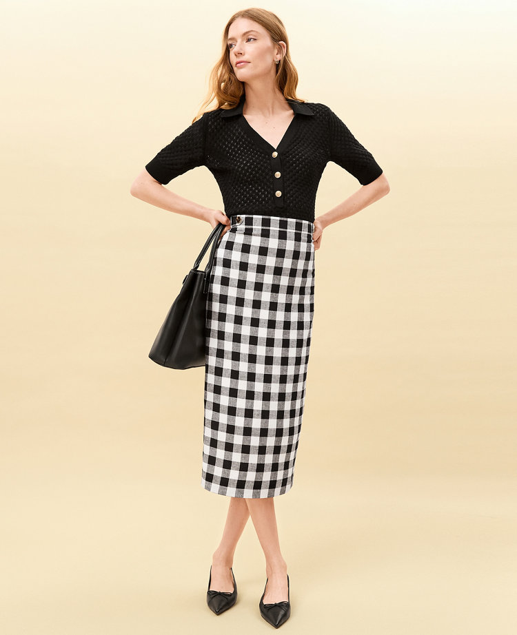 The Button Midi Skirt in Gingham Linen Blend