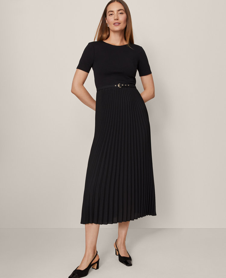 Petite Belted Pleated Midi Dress