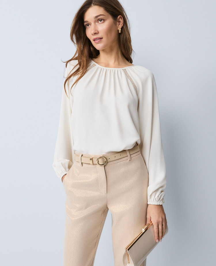 Petite Lace Trim Mixed Media Blouse