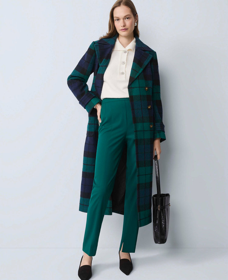 Ann Taylor Petite Plaid Fitted Double Breasted Coat Rainforest Women's