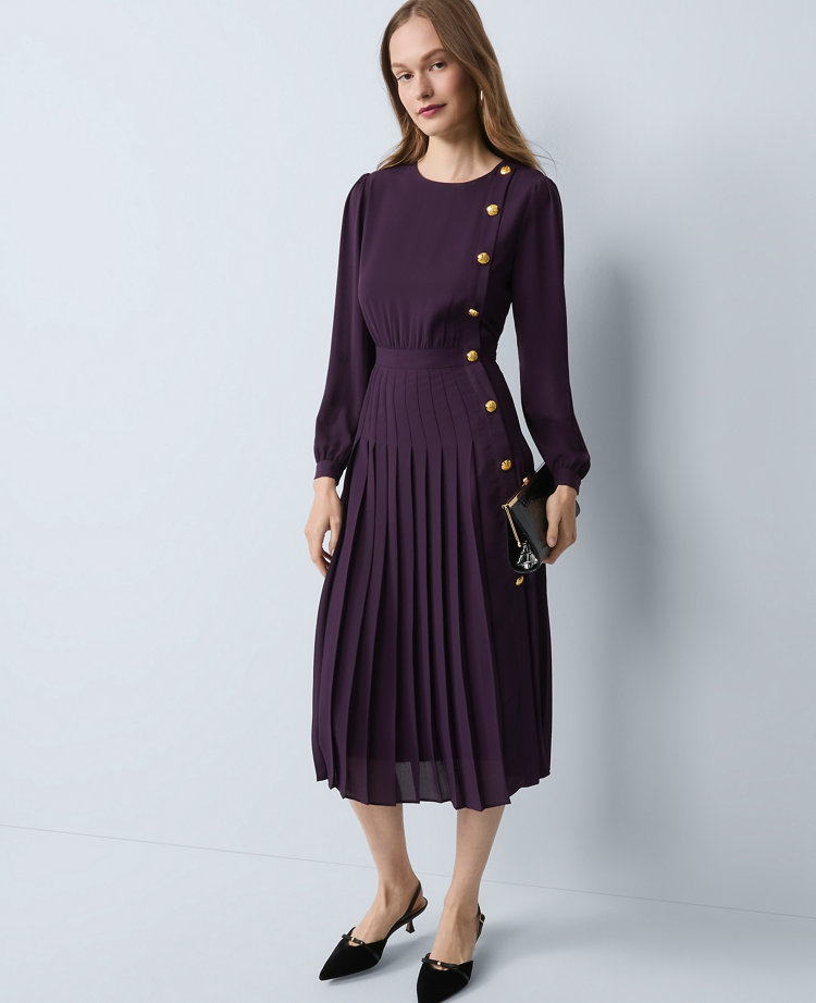 Petite Pleated Button Flare Midi Dress