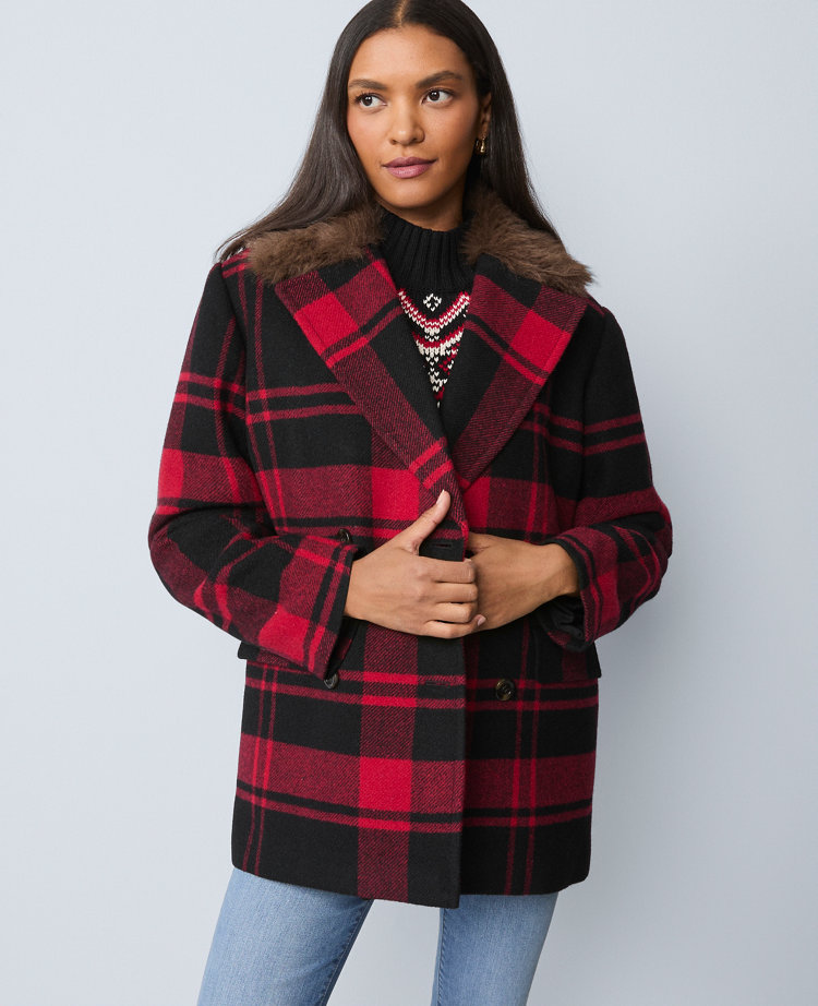 Petite Weekend Collection Plaid Faux Fur Trimmed Peacoat
