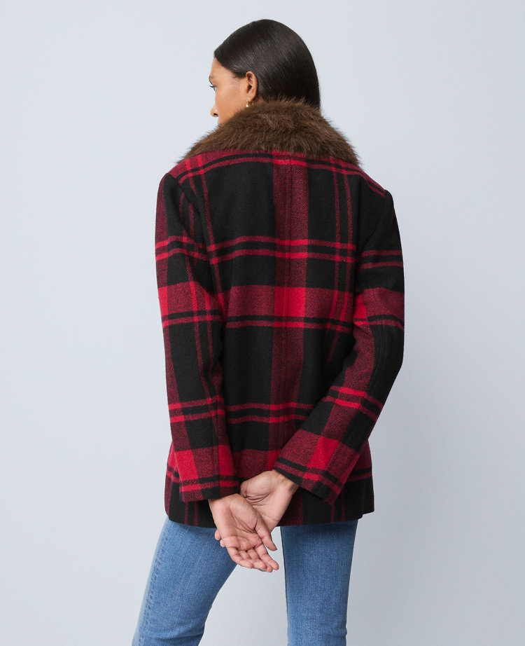 Petite Weekend Collection Plaid Faux Fur Trimmed Peacoat