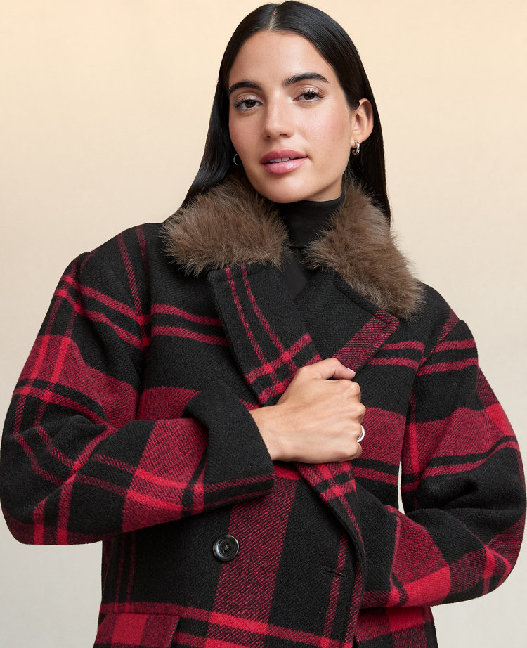 Petite Weekend Collection Plaid Faux Fur Trimmed Peacoat