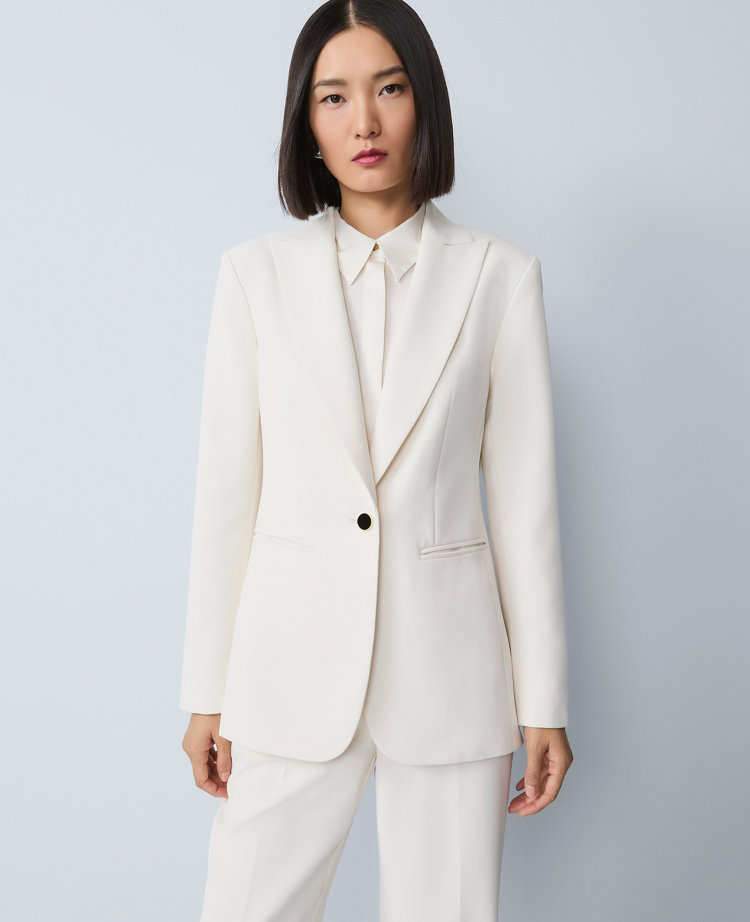 Ann Taylor Petite Belted Crepe Fitted Long Blazer In White