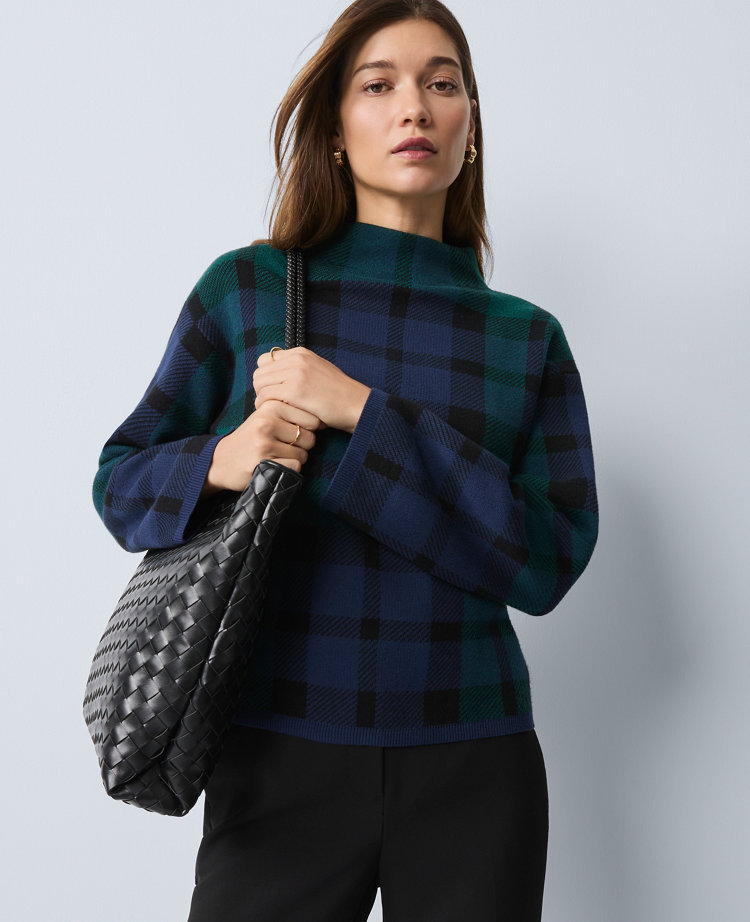 Ann Taylor Petite Plaid Mock Neck Sweater Rainforest Women's