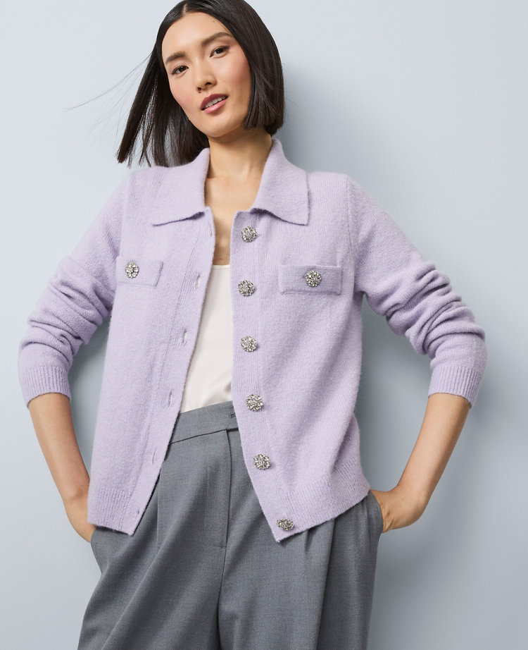 Ann Taylor Petite Embellished Collared Cardigan In Purple