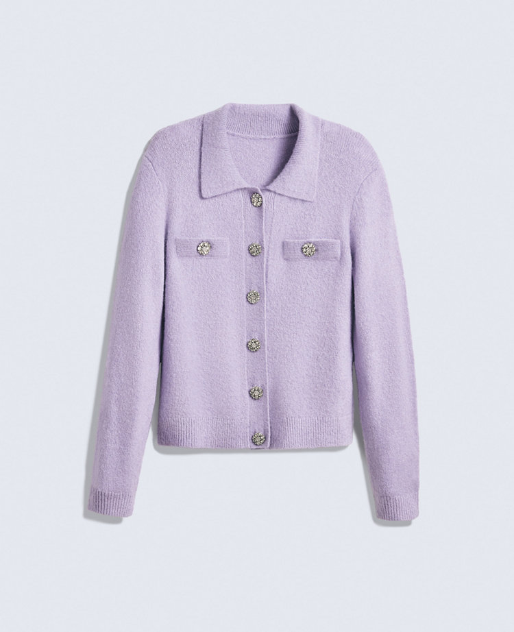 Ann Taylor Petite Embellished Collared Cardigan In Purple