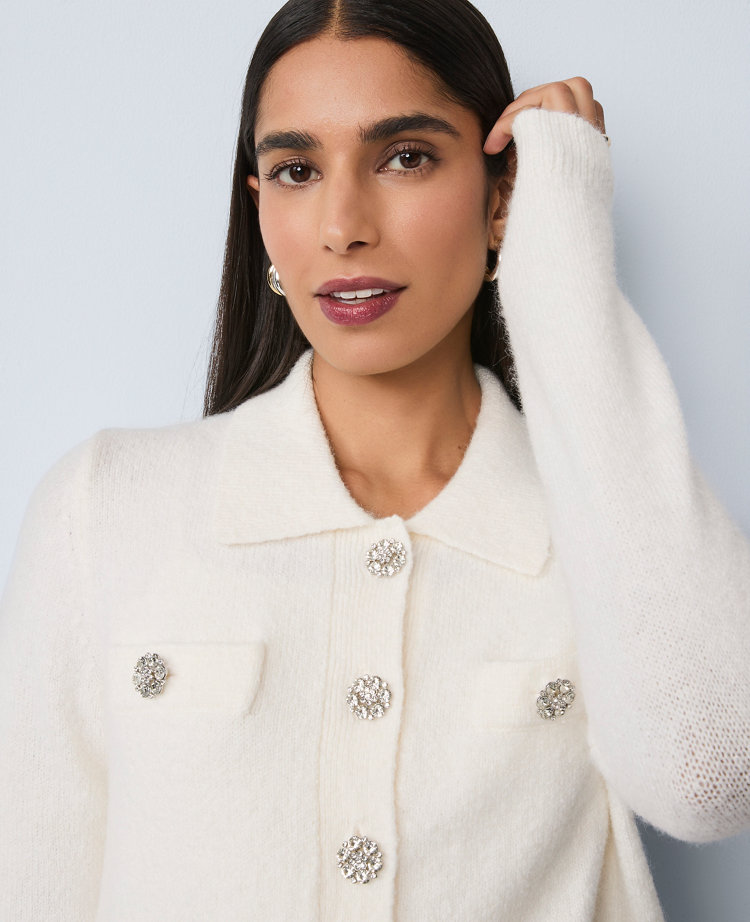 Ann Taylor Petite Embellished Collared Cardigan In White