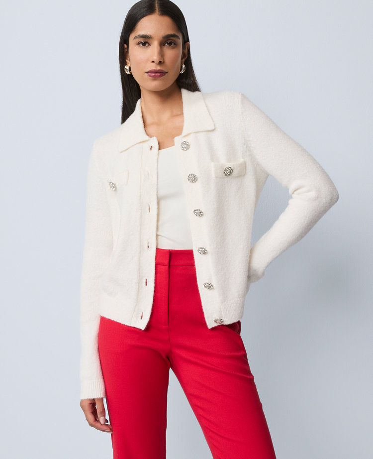 Ann Taylor Petite Embellished Collared Cardigan In White