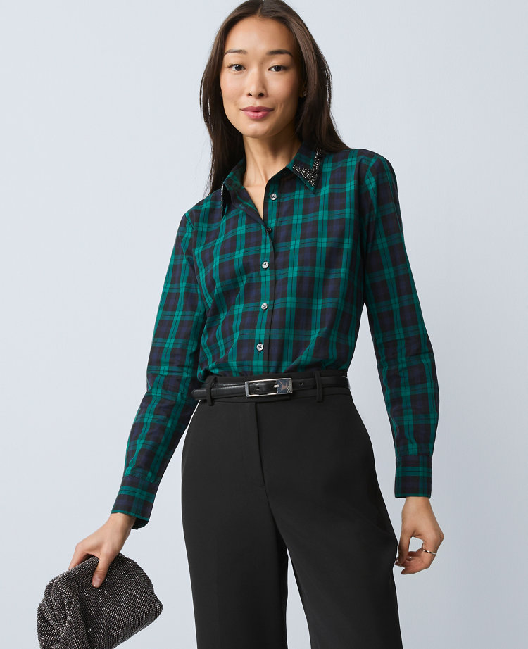 Ann Taylor Embellished Plaid Relaxed Perfect Shirt In Green