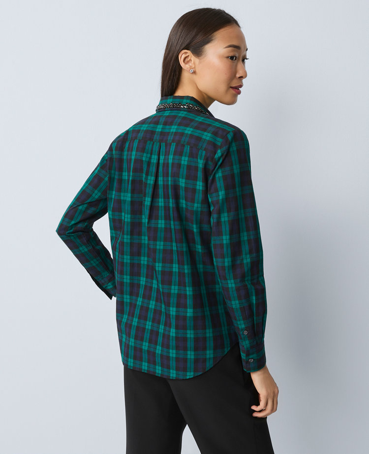 Ann Taylor Embellished Plaid Relaxed Perfect Shirt In Green