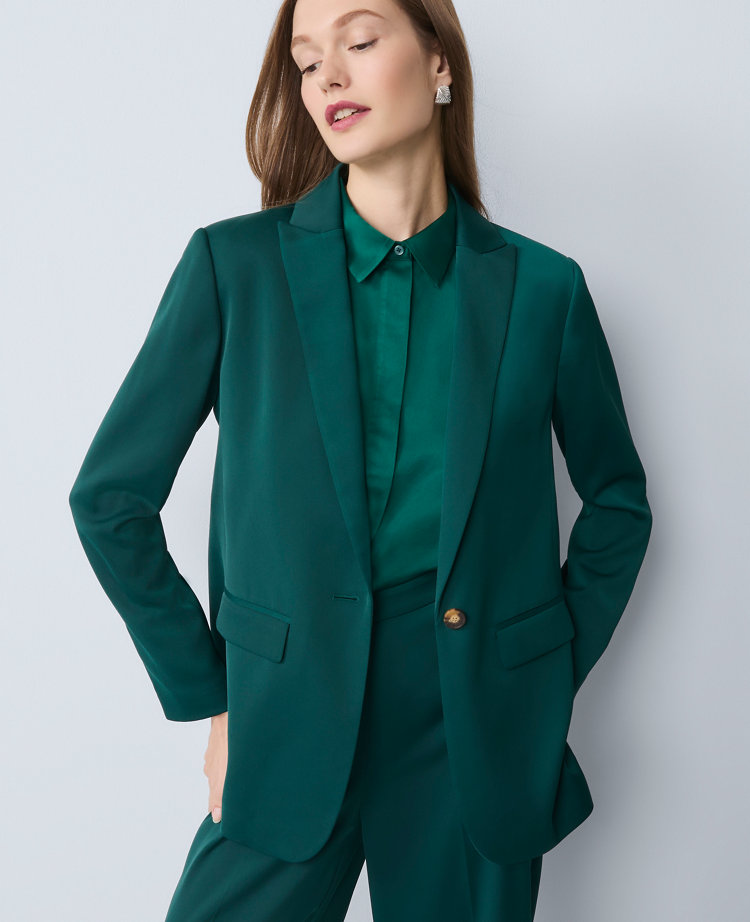 Ann Taylor Satin Fitted Long Blazer In Green