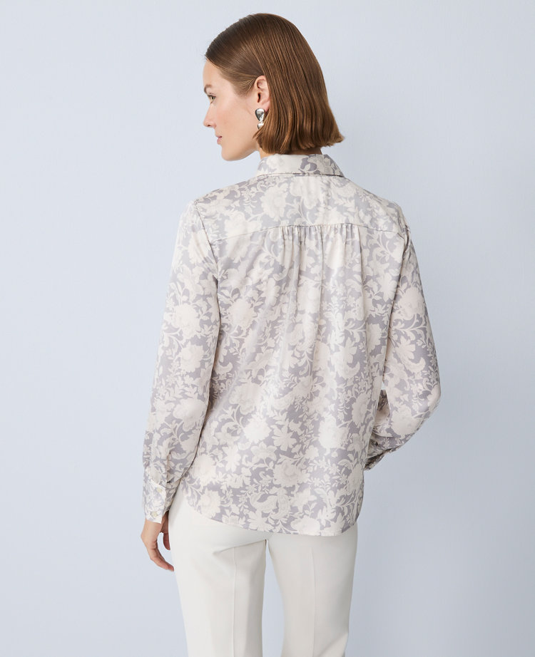 Ann Taylor Floral Satin Button Down Shirt In Neutral
