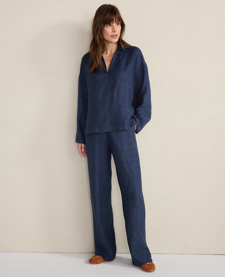 Ann Taylor Haven Well Within Linen Collared Long Sleeve Top In Blue