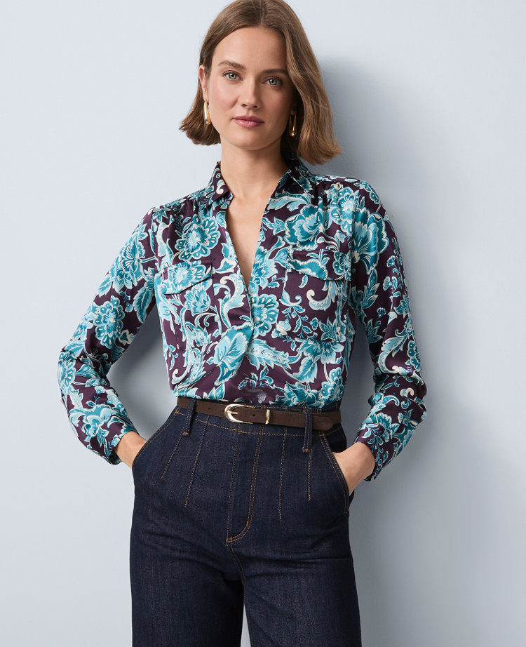 Ann Taylor Floral Camp Shirt In Blue