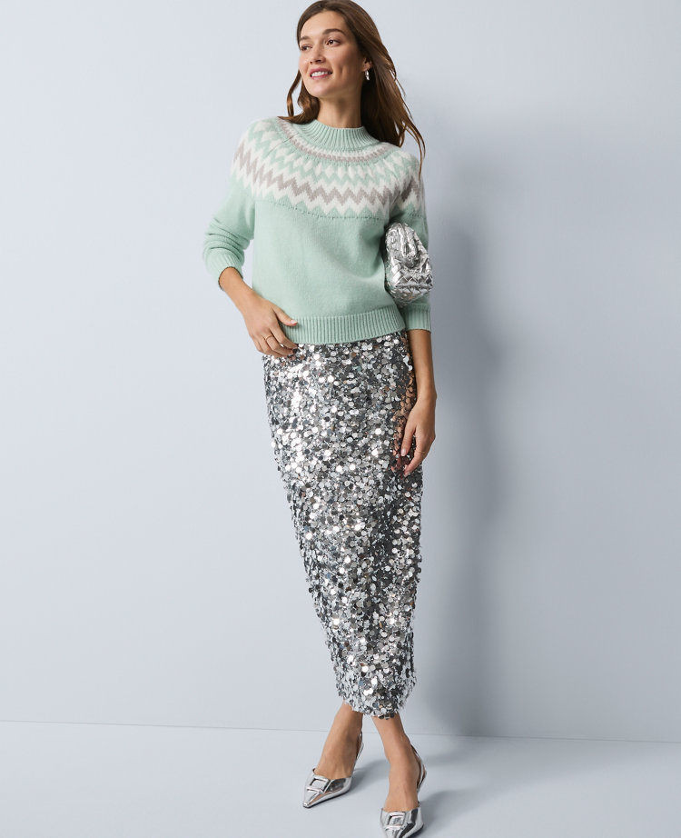 Ann Taylor Petite Fair Isle Mock Neck Sweater Green Multi Women's