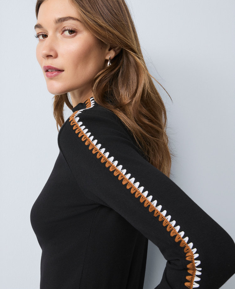 Petite Weekend Collection Crochet Trim Mock Neck Top