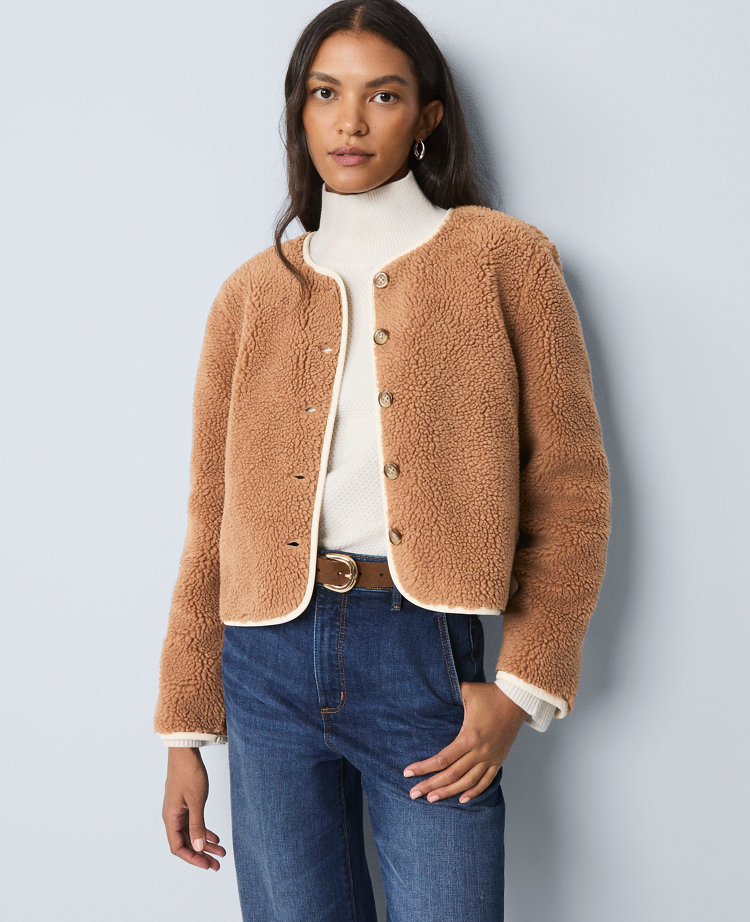 Ann Taylor Weekend Collection Sherpa Crew Neck Jacket In Brown