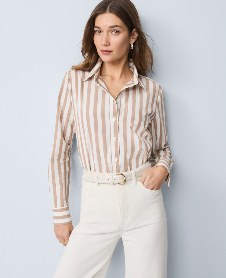 Ann Taylor Weekend Collection Striped Relaxed Perfect Shirt In Brown