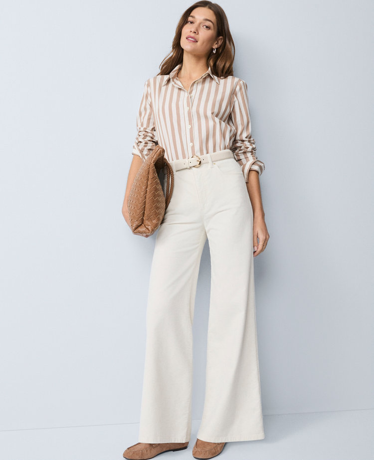 Ann Taylor Weekend Collection Striped Relaxed Perfect Shirt In Brown