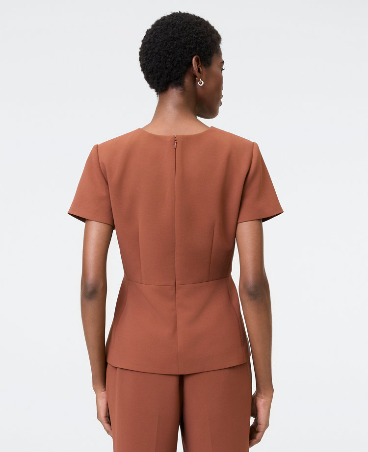 Ann Taylor The Petite Crew Neck Peplum Top Crinkle Crepe Tortoise Shell Brown Women's