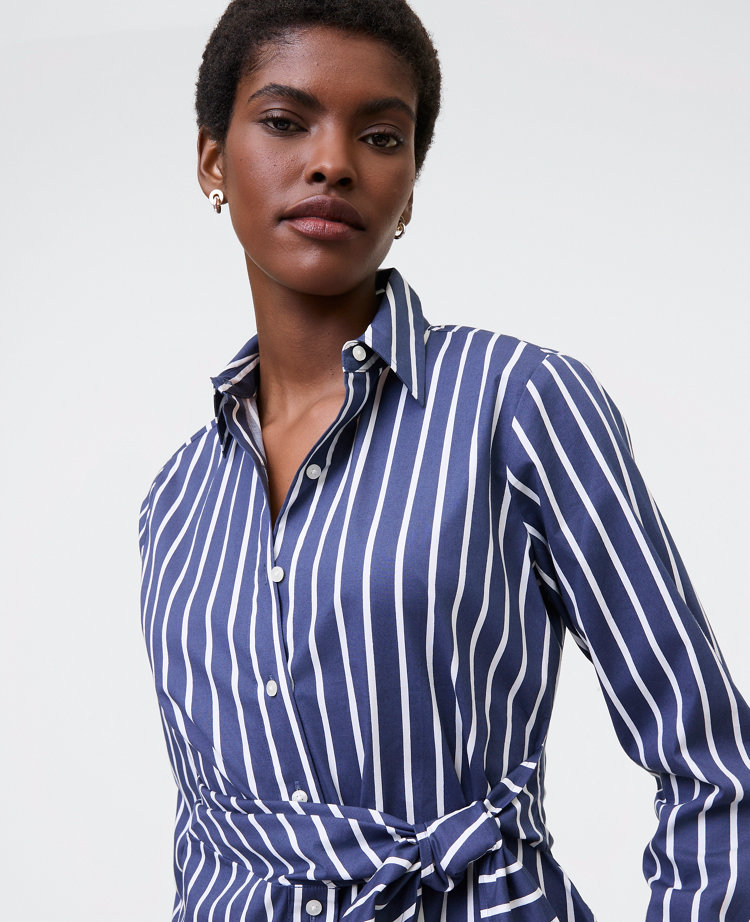 Ann Taylor Petite Striped Tie Waist Button Down Shirt Subdued Navy Women's